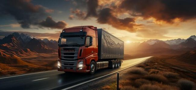 A big truck is driving along the highway delivering goods. The concept of logistics and delivery routes by road. AI generated.