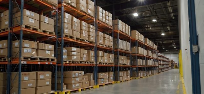 Warehouse interior with rows of stacked cardboard boxes on shelves. Storage and distribution of goods for shipping and transport.